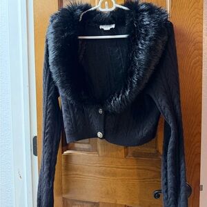 LOFT Black Knit Cardigan with Faux Fur Trim